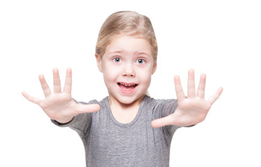 Beautiful little girl showing her hands isolated