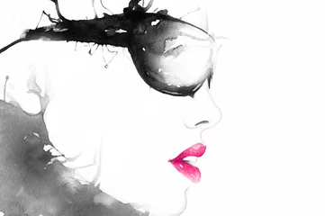 Photo sur Plexiglas Visage aquarelle femme à lunettes. portrait d& 39 art. fond de mode