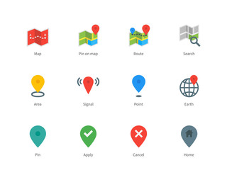 Map GPS and navigation color icons on white background.