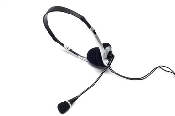 Silver headphone with microphone isolated on white background