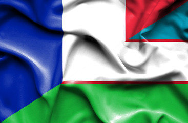 Waving flag of Uzbekistan and France