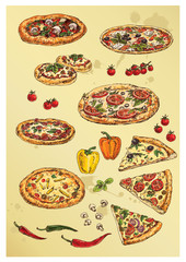 hand drawing set of pizza