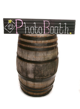 Handmade chalkboard photobooth sign and barrel