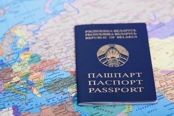 Fototapeta premium Passport of the Republic of Belarus on the map of Europe