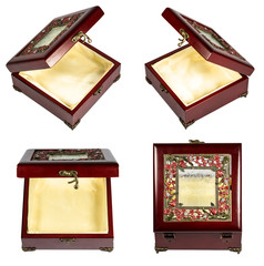 Set with vintage wooden red casket, isolated on a white