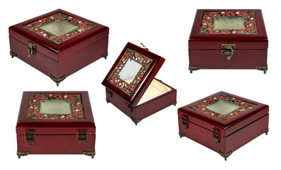 Set with vintage wooden red box, isolated on a white