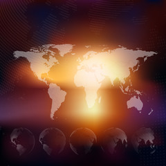World map with dotted globes, abstract blurred background vector
