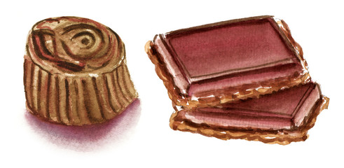 Watercolour chocolate bonbon and cookie on white background