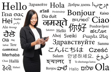 Young woman with a smartphone on a background of words