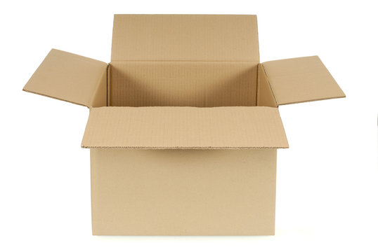 Plain brown cardboard delivery box top open looking insideempty isolated white background photo