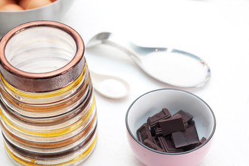 Ingredients and tools to make a cake