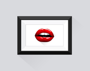 Frame with border for exhibition portfolio. Red lips