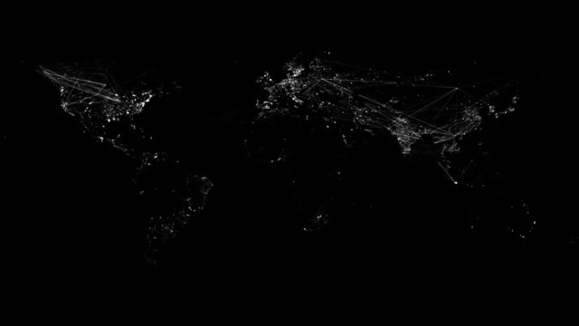 Network Lines Lighting Up World Map. Black and White Version.