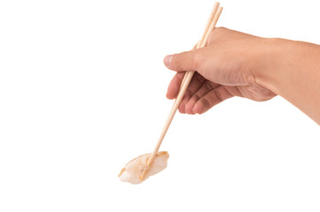 Fototapeta na wymiar Mackerel sushi with chopstick on White isolated background