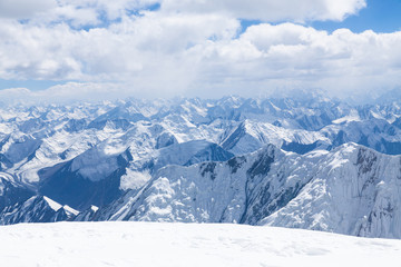 Fototapeta na wymiar Mountain view from the top of Lenin Peak, Kyrgyzstan