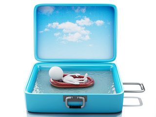 3d white people in a travel suitcase. beach vacation