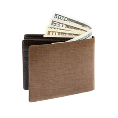 Money in brown leather wallet on white background