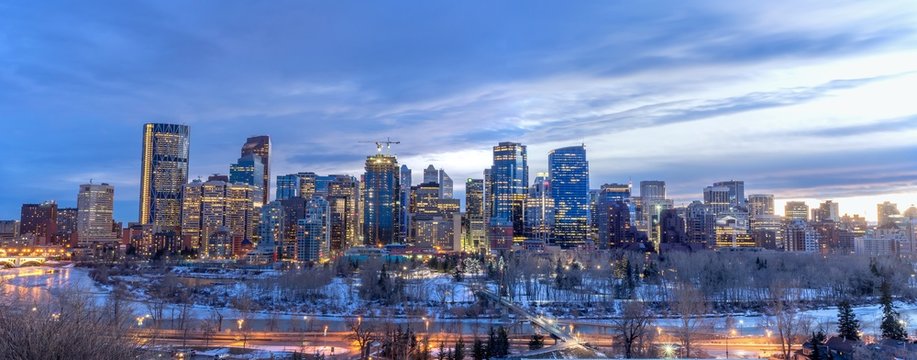 Skyscrapers in the urban core at dusk in Calgary