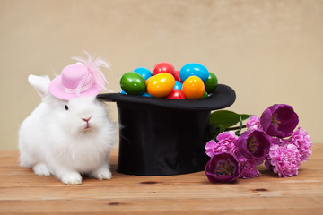 Cute easter bunny with spring flowers and colorful eggs
