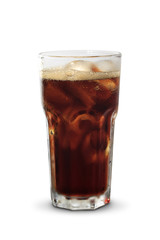 glass of cola with ice on wood