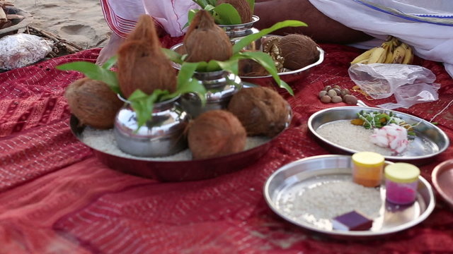 hindu brahmins preparing the place for Indian wedding ceremony