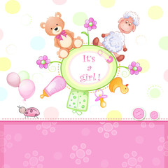 Baby shower card with toys.
