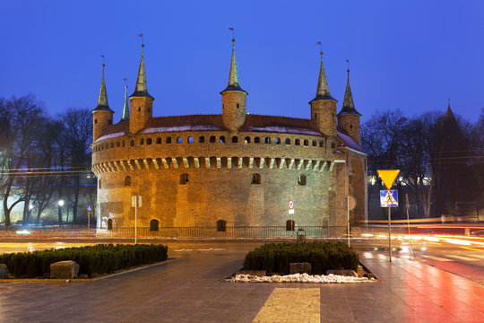 Barbican in Krakow in winter evening