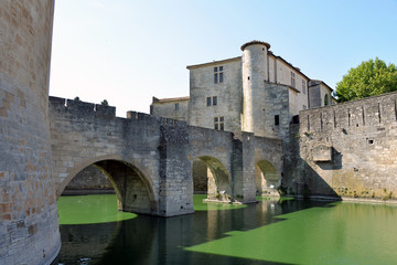 Fototapeta na wymiar Wassergraben mit Festungsbrücke in Aigues-Mortes