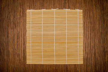 Bamboo place mat on wooden deck table.