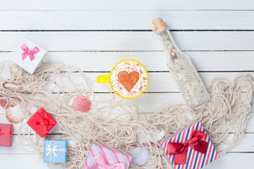 Cup and gift box with net and bottle
