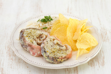 boiled fish with chips and rice