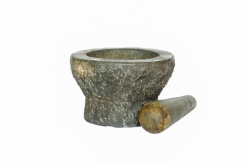 stone mortar and pestle isolated on white background