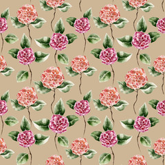 Seamless pattern with camelia flowers. Watercolor illustration.