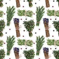 Seamless pattern with basil, rosemary. Watercolor illustration.