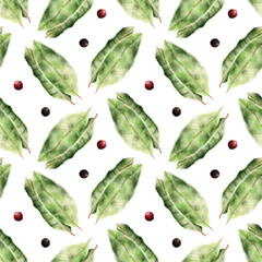 Seamless pattern with bay leaf. Watercolor illustration.