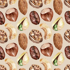 Seamless pattern with nuts . Watercolor illustration.