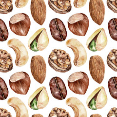 Seamless pattern with nuts . Watercolor illustration.