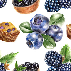 Seamless pattern with berry. Watercolor illustration.