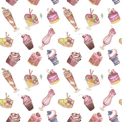 Seamless dessert pattern. Watercolor illustration.
