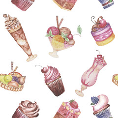 Seamless dessert pattern. Watercolor illustration.