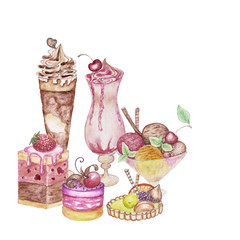 Background with dessert. Watercolor illustration.