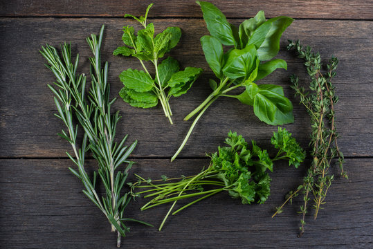 Freshly cliped herbs on wooden background