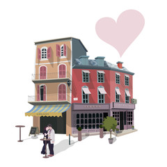 Vector illustration of kissing couple in a street cafe