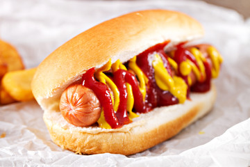 Hotdog and Fries with a Beer