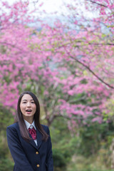 桜 女子学生とコピースペース