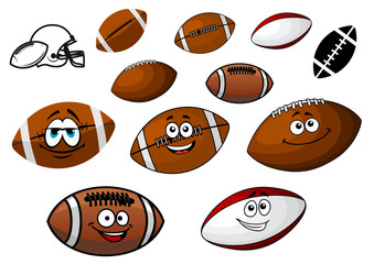 Cartoon footballs and rugby balls characters