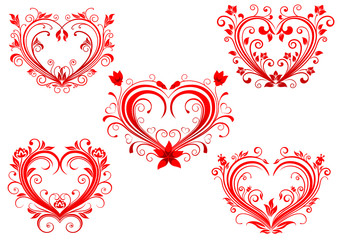 Fototapeta na wymiar Elegant floral red valentine hearts set