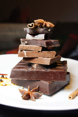 Pieces of chocolate on the plate