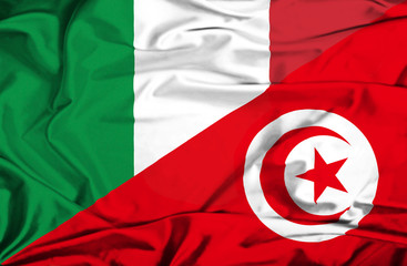 Waving flag of Tunisia and Italy