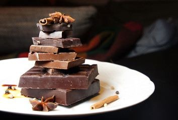 Pieces of chocolate on the plate